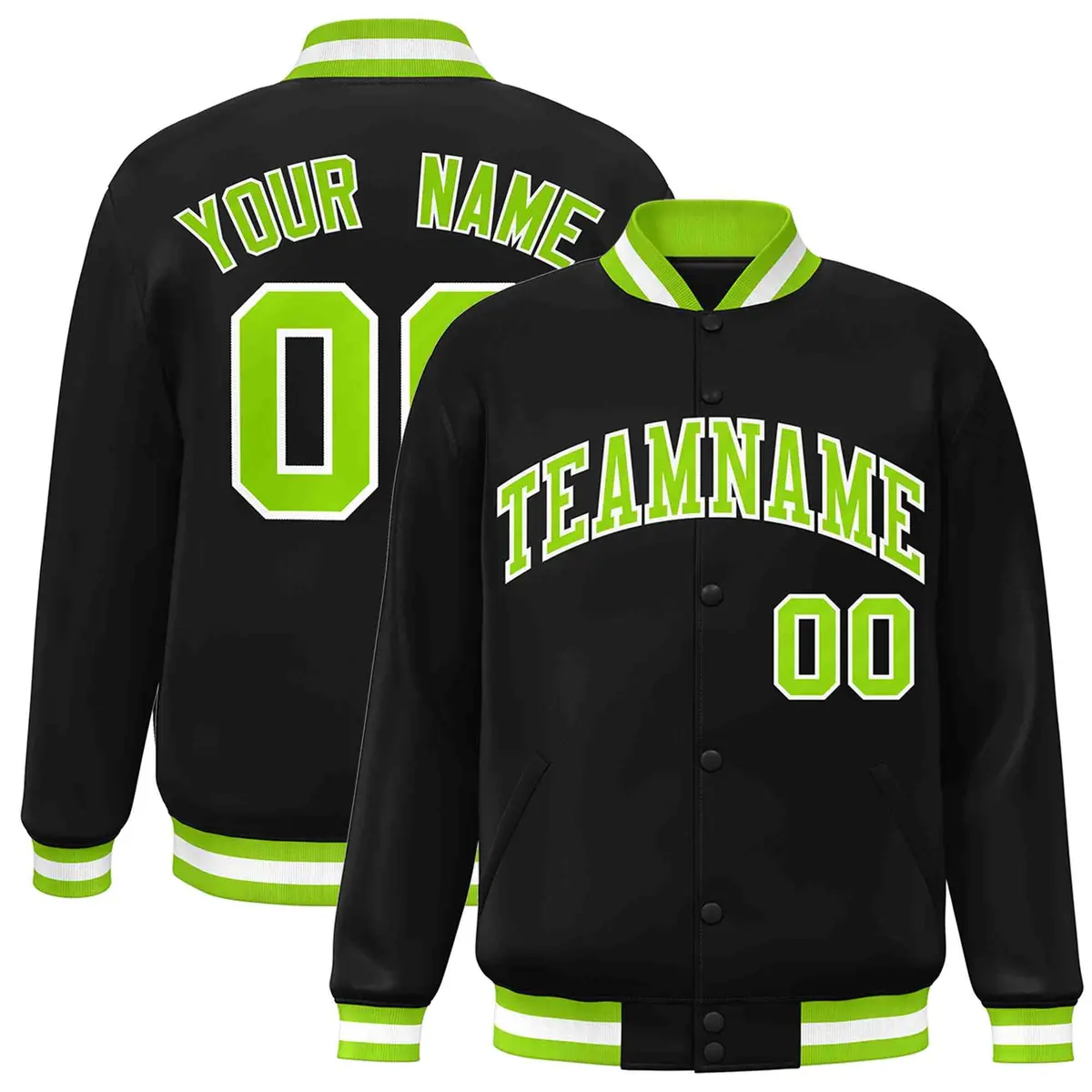 Black Neon Green-White Varsity Full-Snap Letterman Jacket