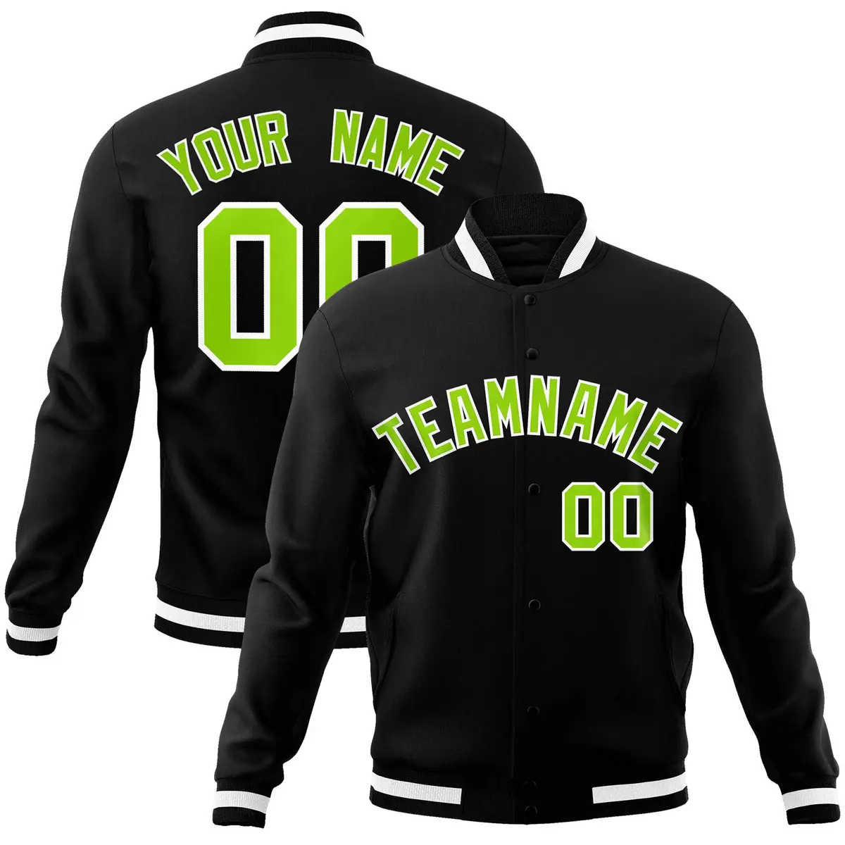 Black Neon Green-White Varsity Full-Snap Letterman Jacket