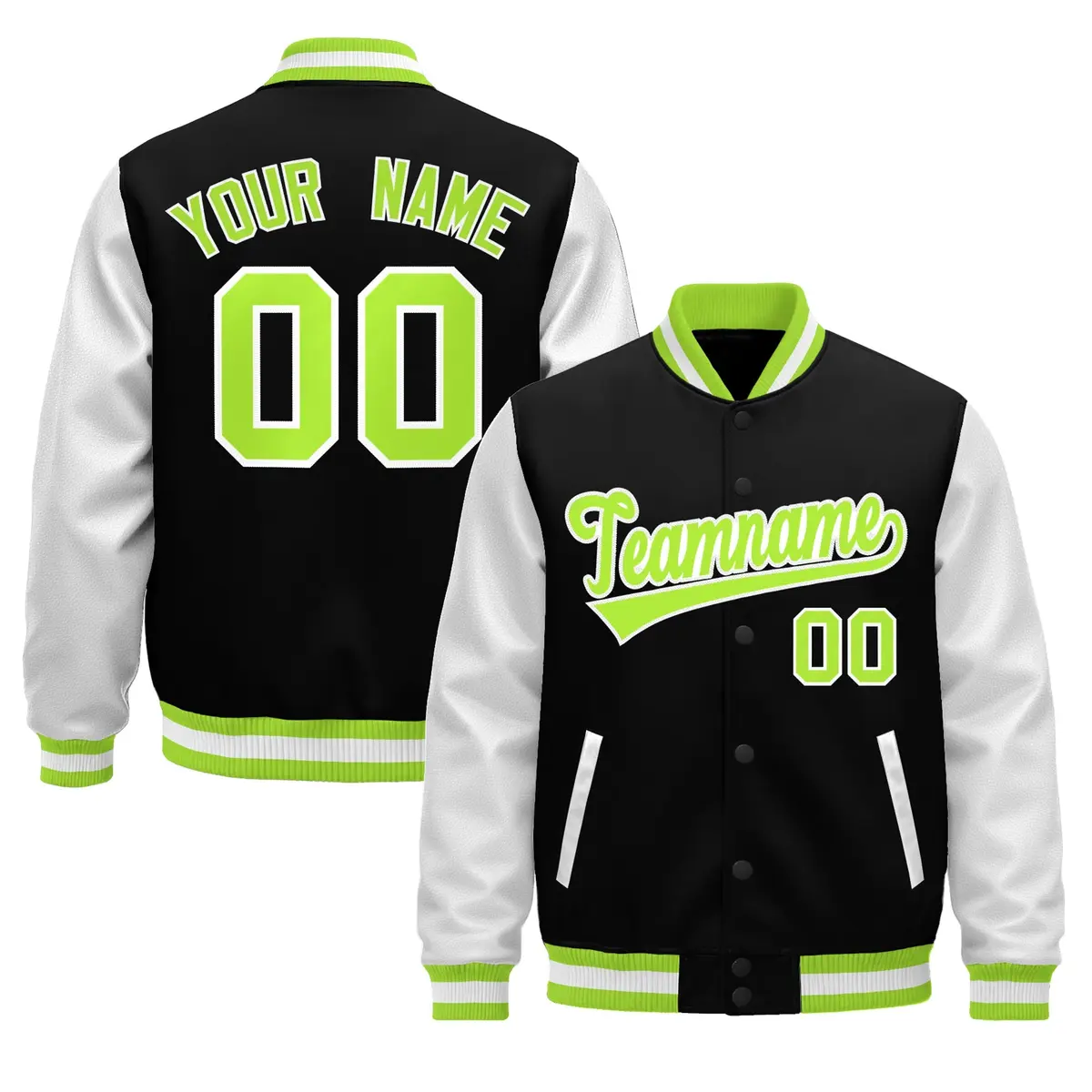 Black Neon Green White Varsity Full-Snap Letterman Jacket Raglan Leather Sleeves