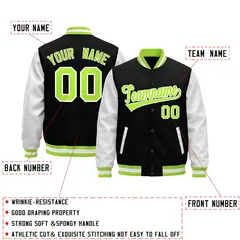Black Neon Green White Varsity Full-Snap Letterman Jacket Raglan Leather Sleeves 2