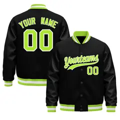 Black Neon Green White Varsity Jacket with Faux Leather Sleeves 1