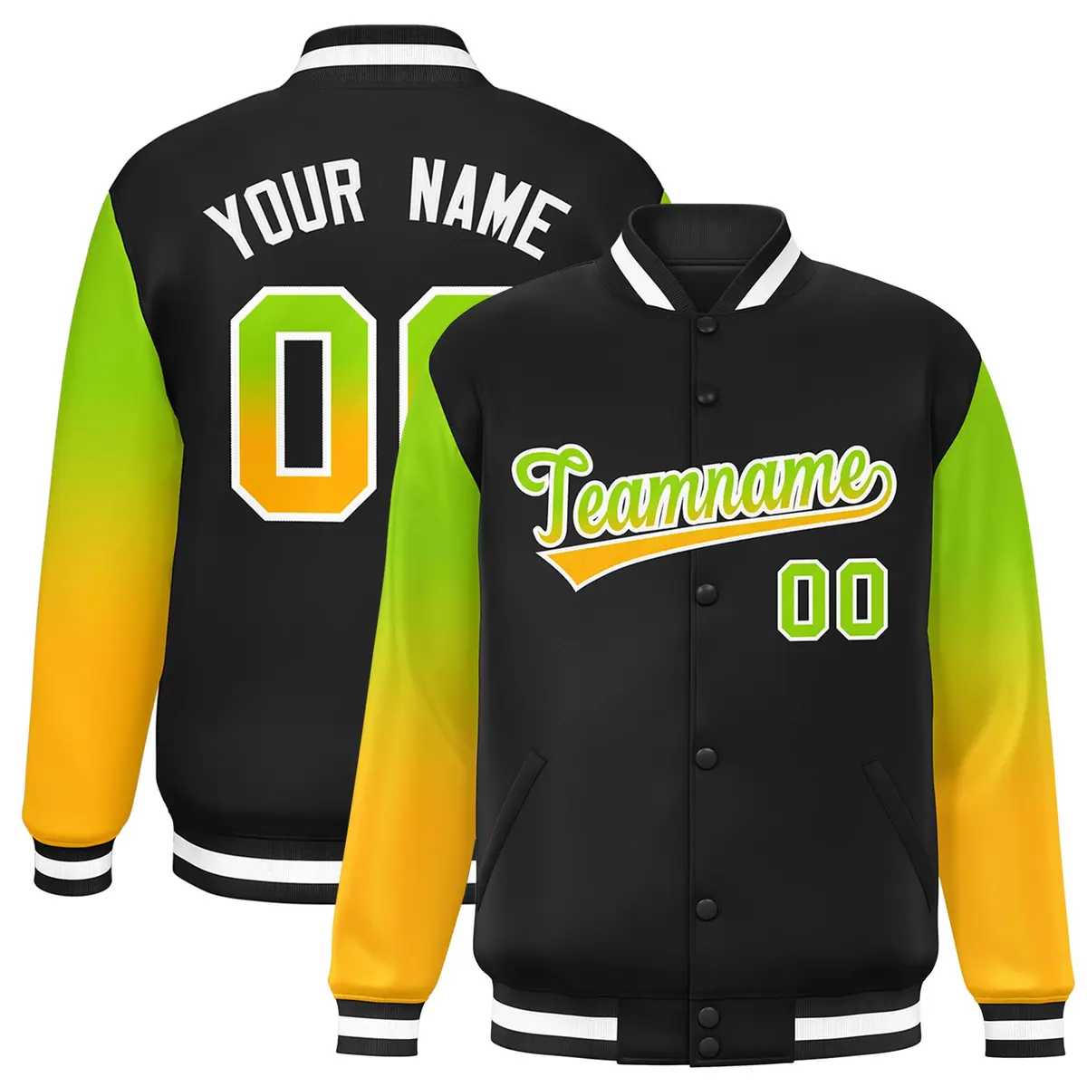 Black Neon Green-Yellow Gradient Varsity Full-Snap Raglan Baseball Jacket