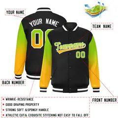 Black Neon Green-Yellow Gradient Varsity Full-Snap Raglan Baseball Jacket 2