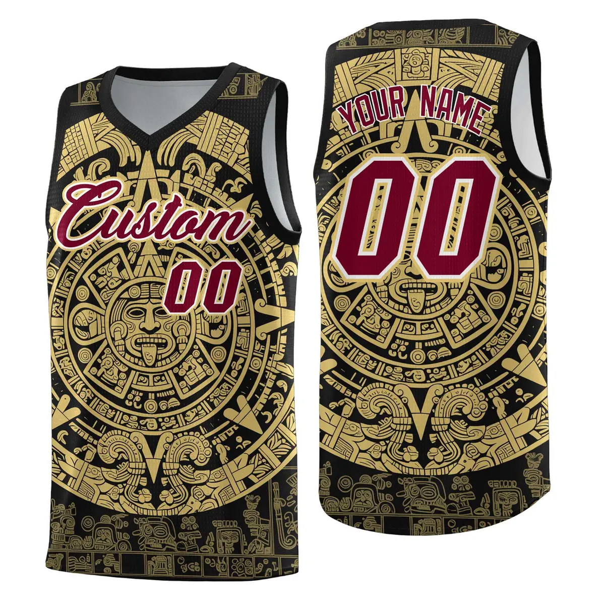 Black Old Gold Aztec Sun Stone Graffiti Basketball Jersey