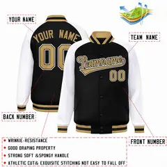 Black Old Gold-Black Raglan Sleeves Varsity Letterman Jacket 2