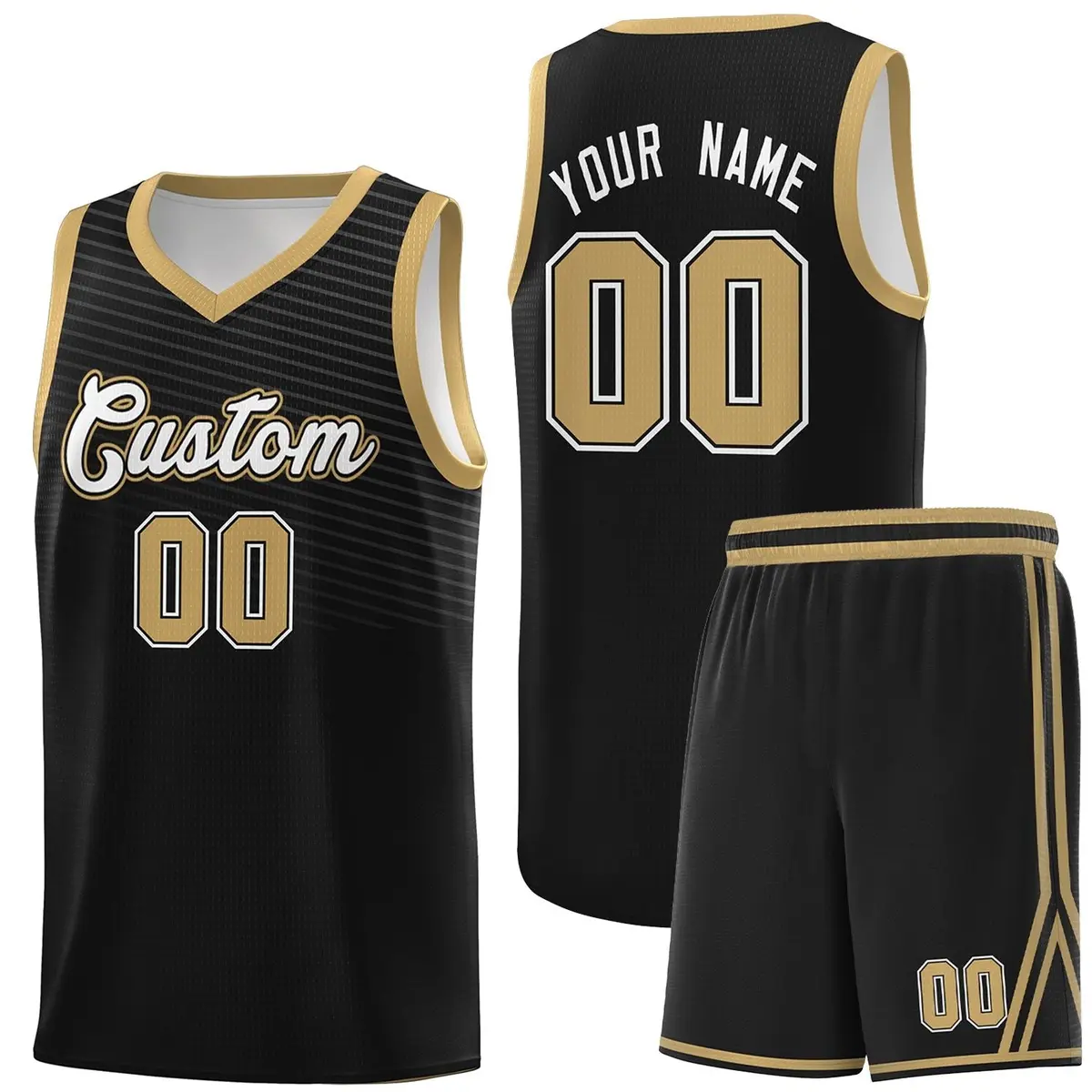Black Old Gold Chest Slash Pattern Basketball Jersey