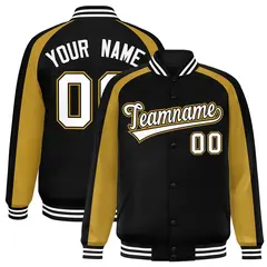 Black Old Gold Color Block Raglan Varsity Full-Snap Letterman Jacket