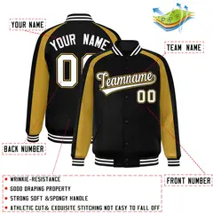 Black Old Gold Color Block Raglan Varsity Full-Snap Letterman Jacket 2