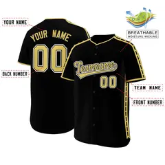 Black Old Gold Color Block Side Dotted Line Baseball Jersey 2