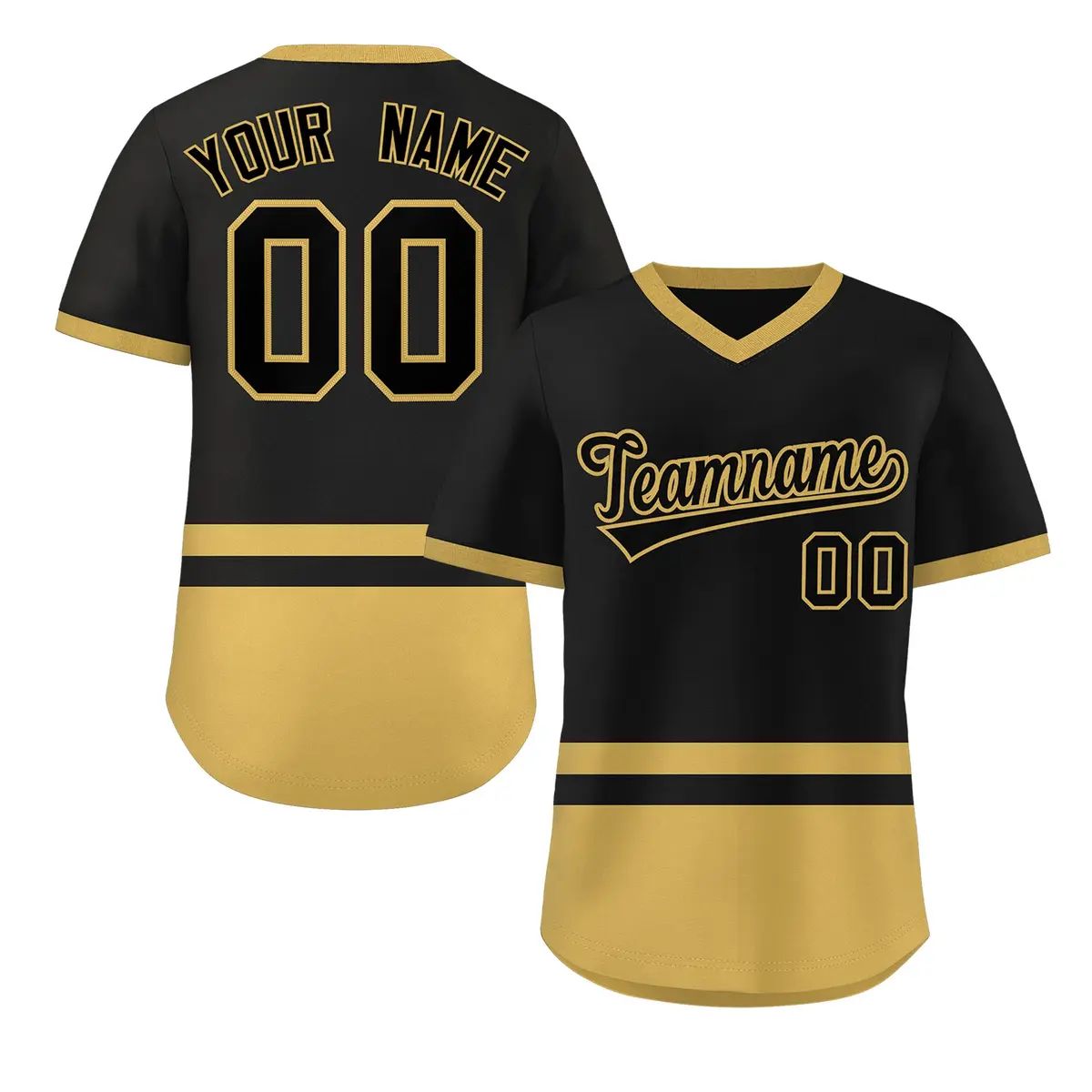 Black Old Gold Color Block V-Neck Pullover Baseball Jersey