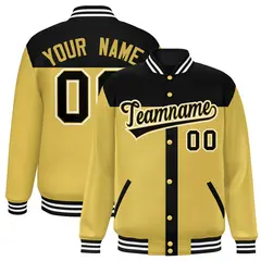 Black Old Gold Color Block Varsity Bomber Baseball Jacket 1