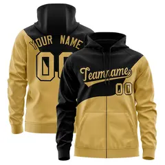 Black Old Gold Color Block Wave Varsity Full-Zip Letterman Jacket Hoodie
