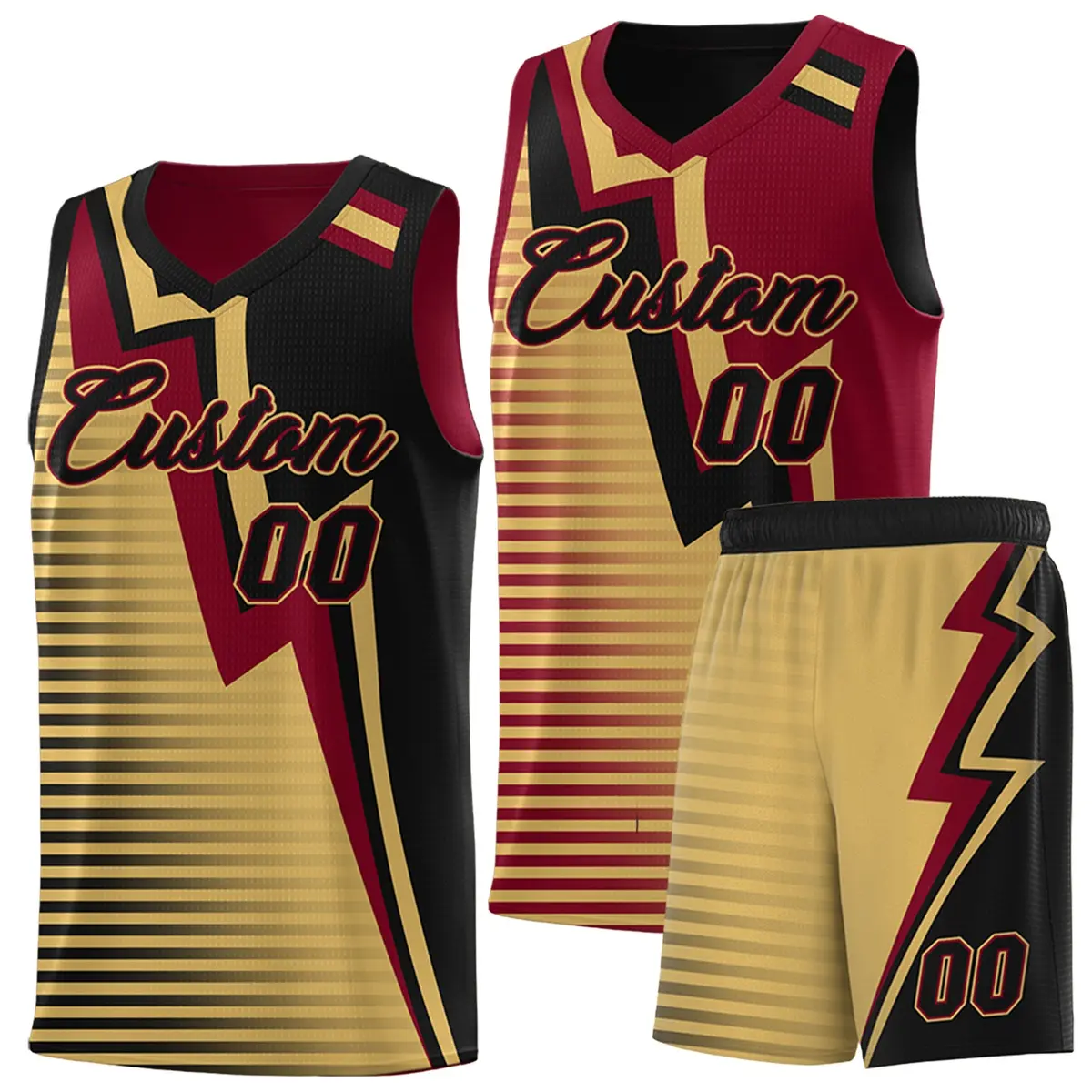 Black Old Gold Crimson Gradient Lightning Stripes Reversible Basketball Jersey