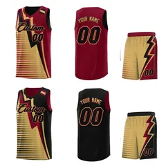 Black Old Gold Crimson Gradient Lightning Stripes Reversible Basketball Jersey 2