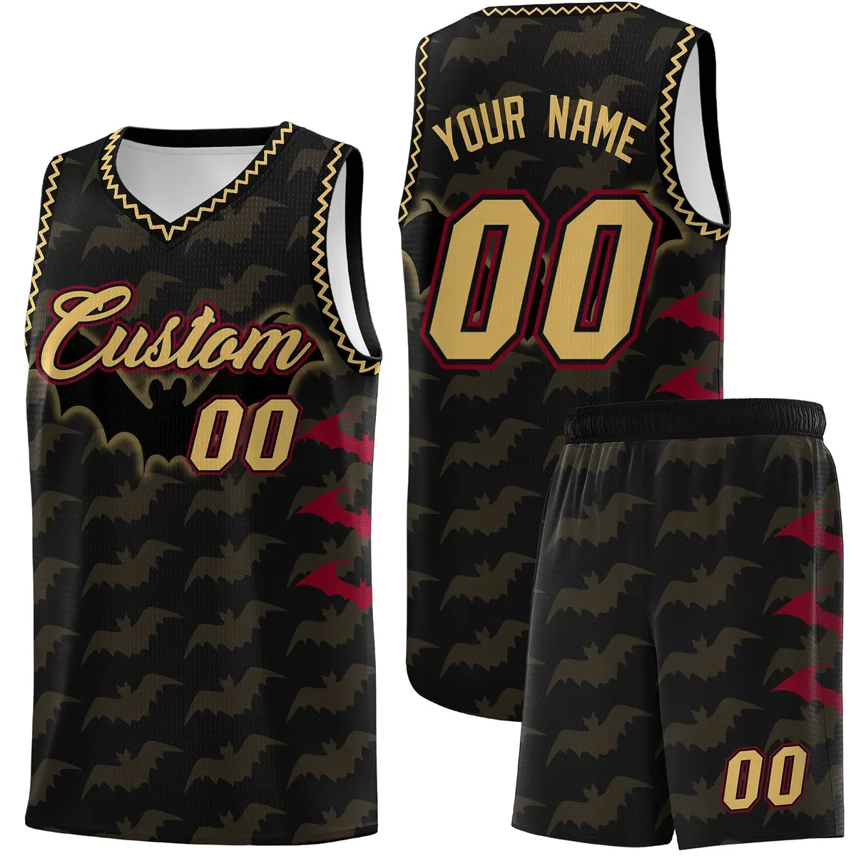 Black Old Gold Crimson Halloween Bat Pattern Basketball Jersey