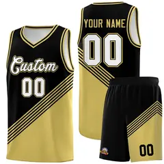 Black Old Gold Diagonal Stripe Color Block Basketball Jersey