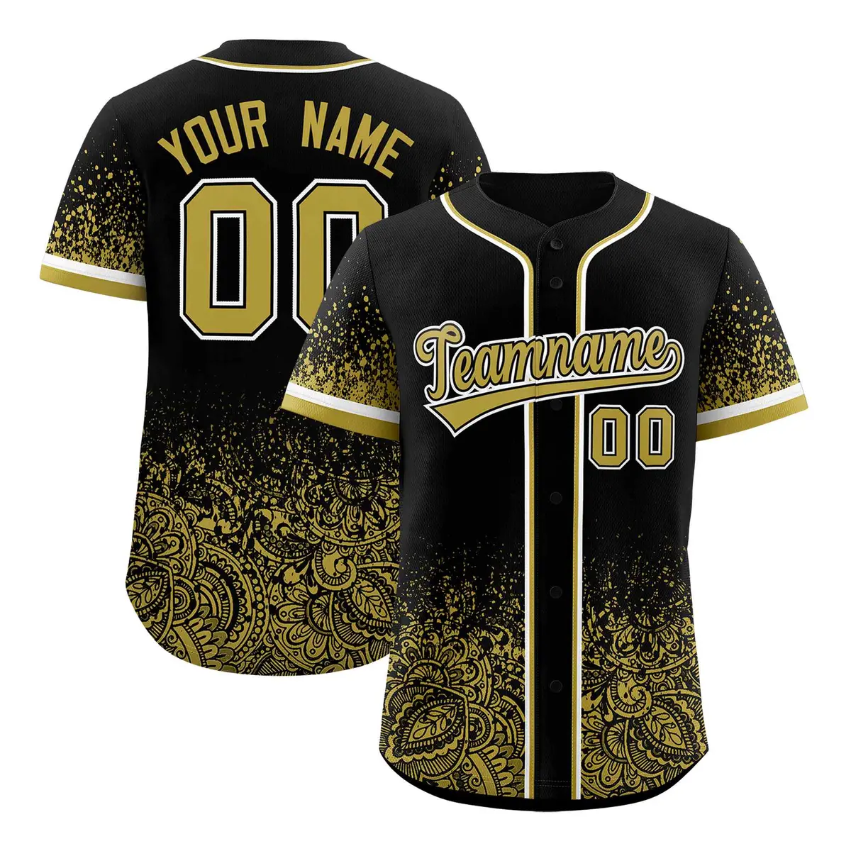 Black Old Gold Gradient Floral Print Full Button Baseball Jersey