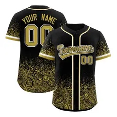 Black Old Gold Gradient Floral Print Full Button Baseball Jersey