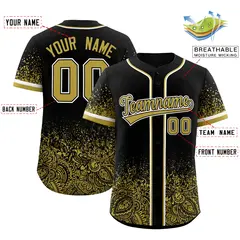 Black Old Gold Gradient Floral Print Full Button Baseball Jersey 2