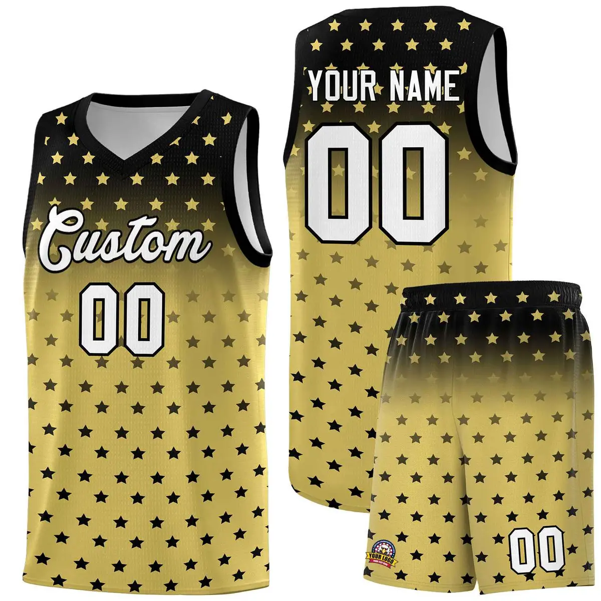 Black Old Gold Gradient Star Pattern Basketball Jersey Sets