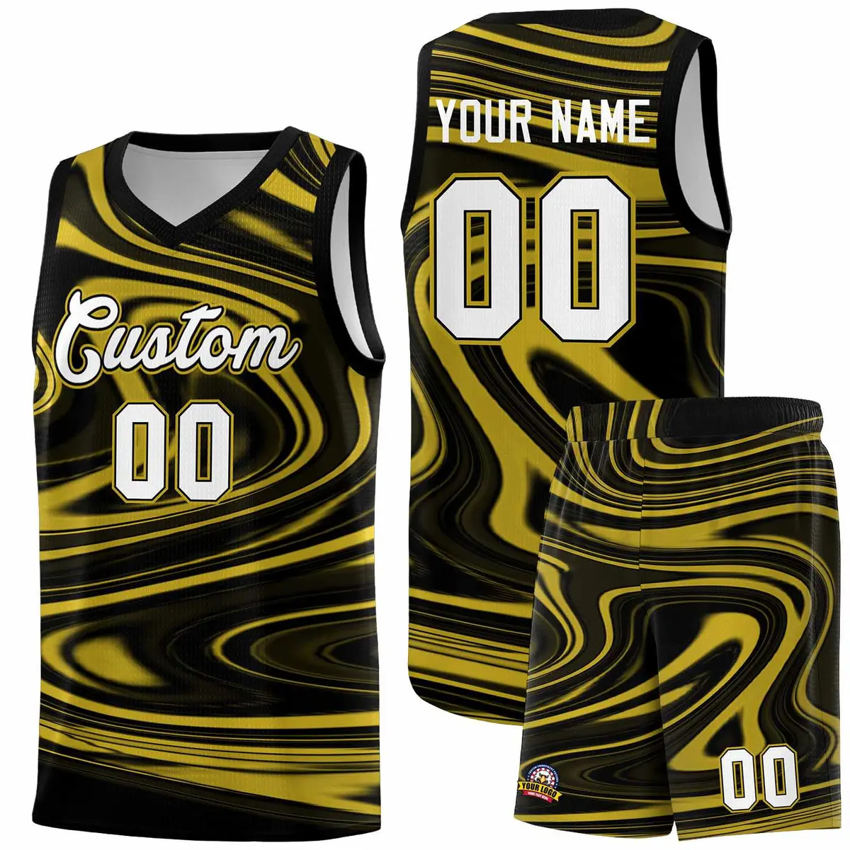 Black Old Gold Graffiti Fluids Style Basketball Jersey Sets