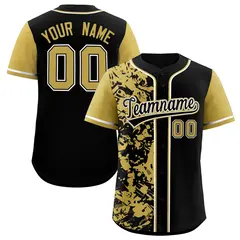 Black Old Gold Graffiti Split Raglan Sleeve Baseball Jersey