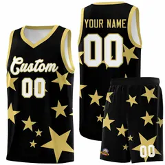 Black Old Gold Graffiti Star Print Basketball Jersey Sets
