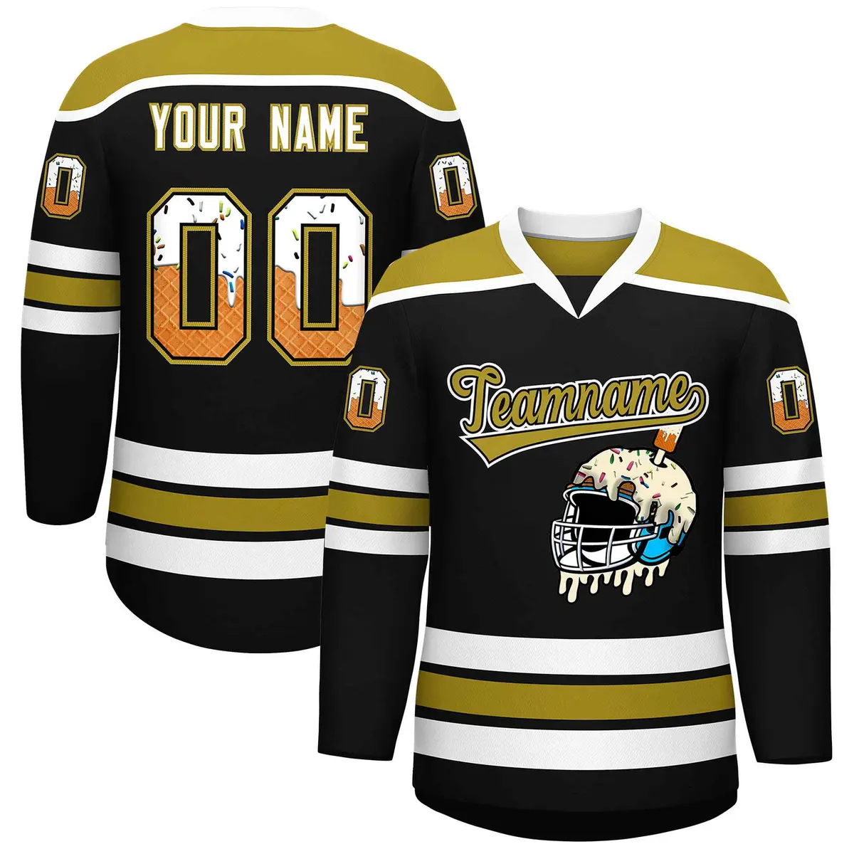 Black Old Gold Ice Cream Helmet Pattern Hockey Jersey