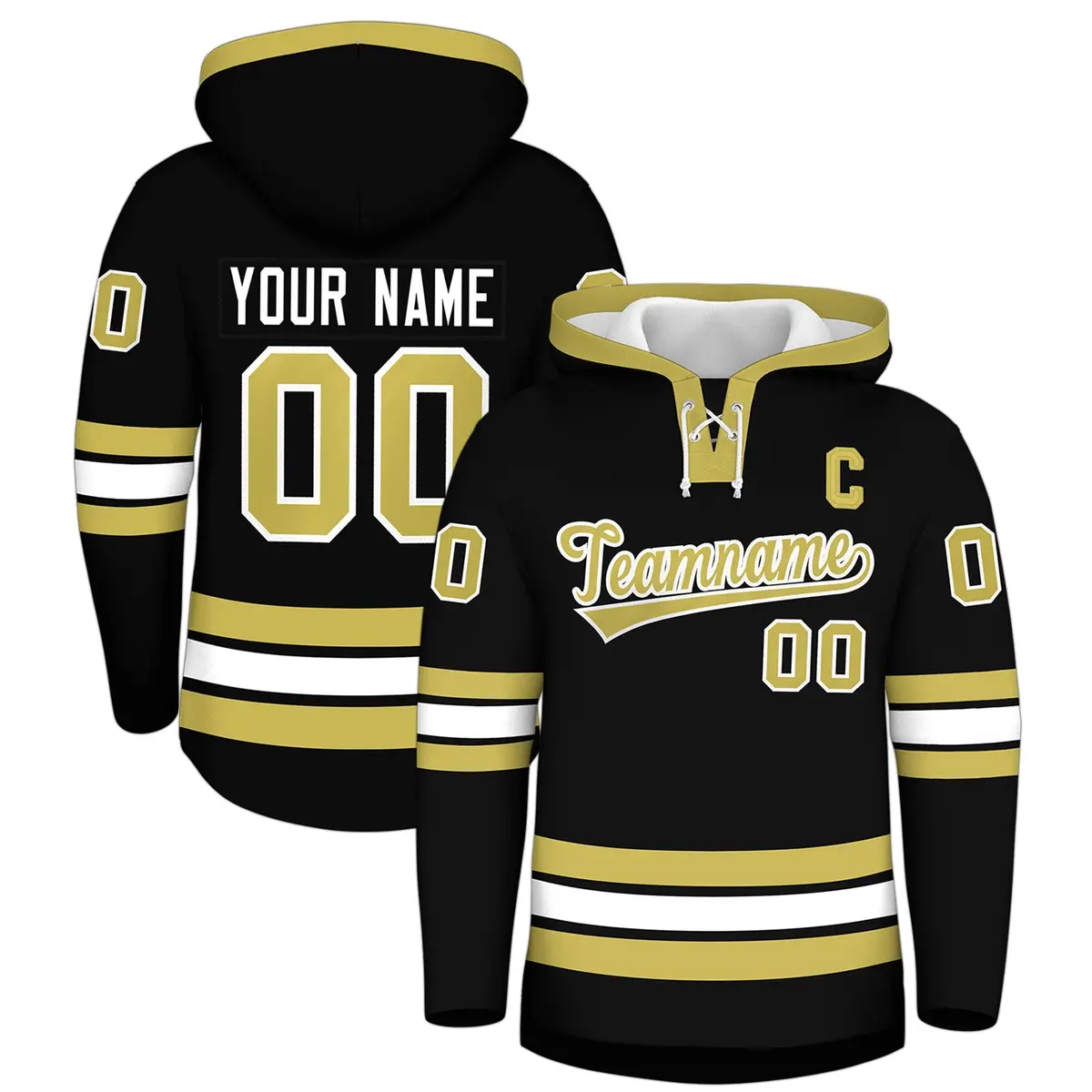 Black Old Gold Lace-Up Neck Classic Hockey Hoodie