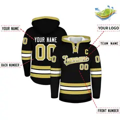 Black Old Gold Lace-Up Neck Classic Hockey Hoodie 2
