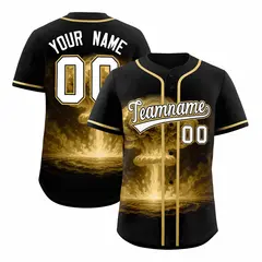 Black Old Gold Nuclear Blast Graffiti Full Button Baseball Jersey