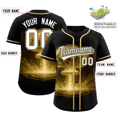 Black Old Gold Nuclear Blast Graffiti Full Button Baseball Jersey 2