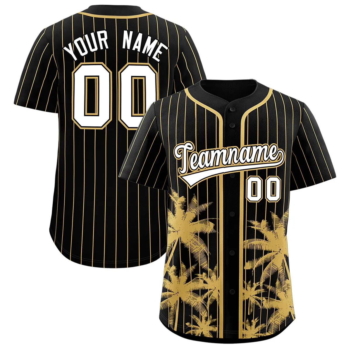 Black Old Gold Pinstripe Coconut Tree Baseball Jersey