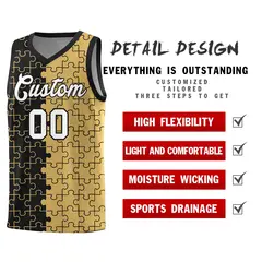 Black Old Gold Puzzle Pattern Splid Basketball Kits 2