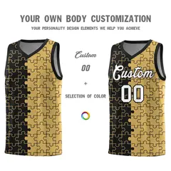 Black Old Gold Puzzle Pattern Splid Basketball Kits 3