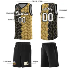 Black Old Gold Puzzle Pattern Splid Basketball Kits 5