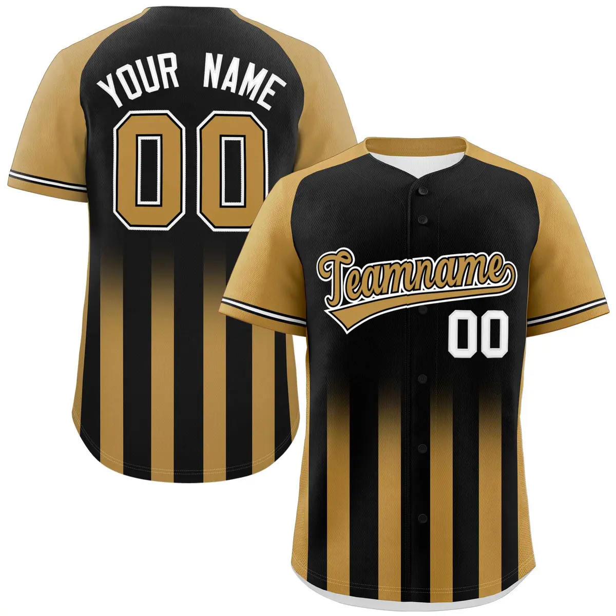 Black Old Gold Raglan Gradient Thick Stripe Baseball Jersey