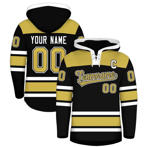 Black Old Gold Raglan Lace-Up Neck Hockey Hoodie Jersey
