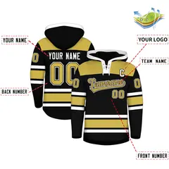Black Old Gold Raglan Lace-Up Neck Hockey Hoodie Jersey 2