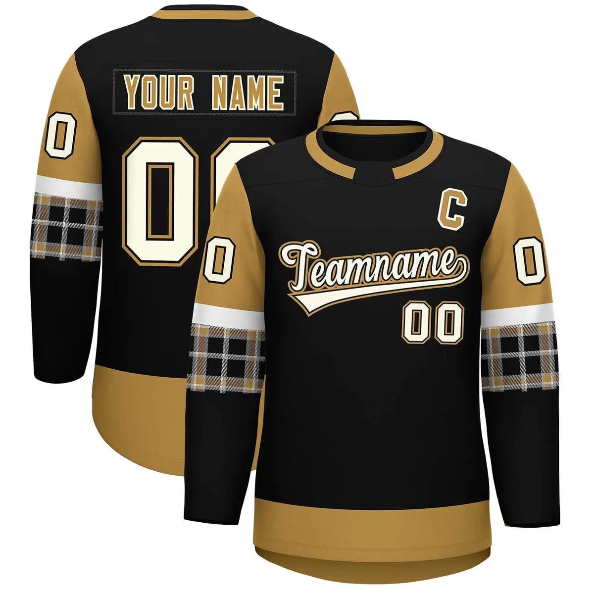 Black Old Gold Raglan Sleeves Round-Neck Hockey Jersey