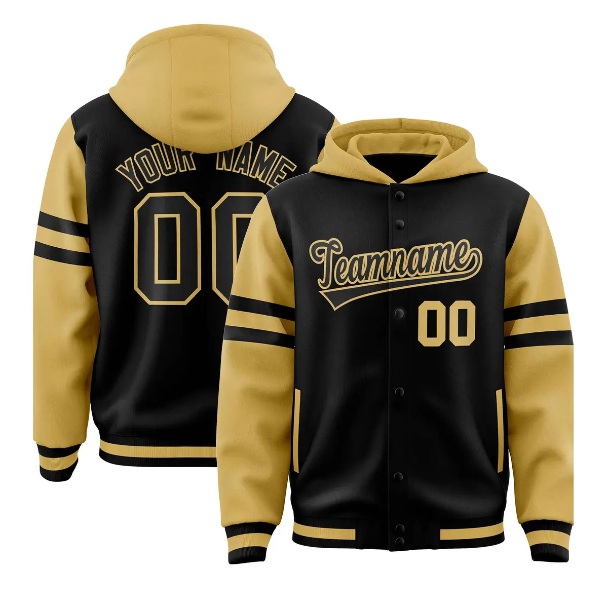 Black Old Gold Raglan Three Stripes Varsity Letterman Jacket Hoodie