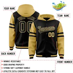 Black Old Gold Raglan Three Stripes Varsity Letterman Jacket Hoodie 4