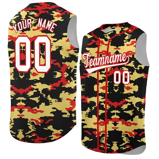 Black Old Gold Red Camo Sleeveless Baseball Jersey