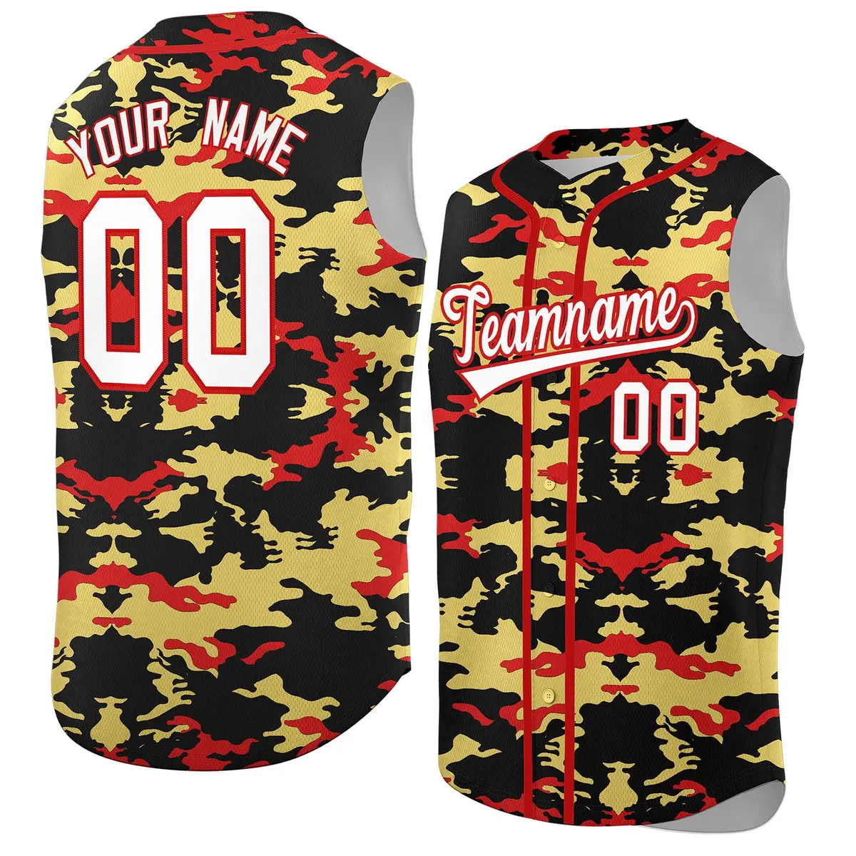 Black Old Gold Red Camo Sleeveless Baseball Jersey