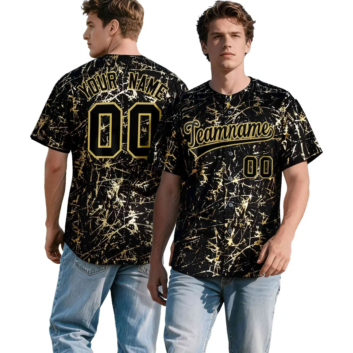 Black Old Gold Shiny Gold Cracked Foil Hip Hop Baseball Jersey