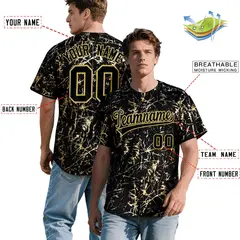 Black Old Gold Shiny Gold Cracked Foil Hip Hop Baseball Jersey 2