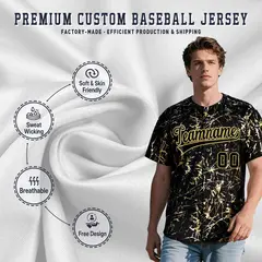 Black Old Gold Shiny Gold Cracked Foil Hip Hop Baseball Jersey 3