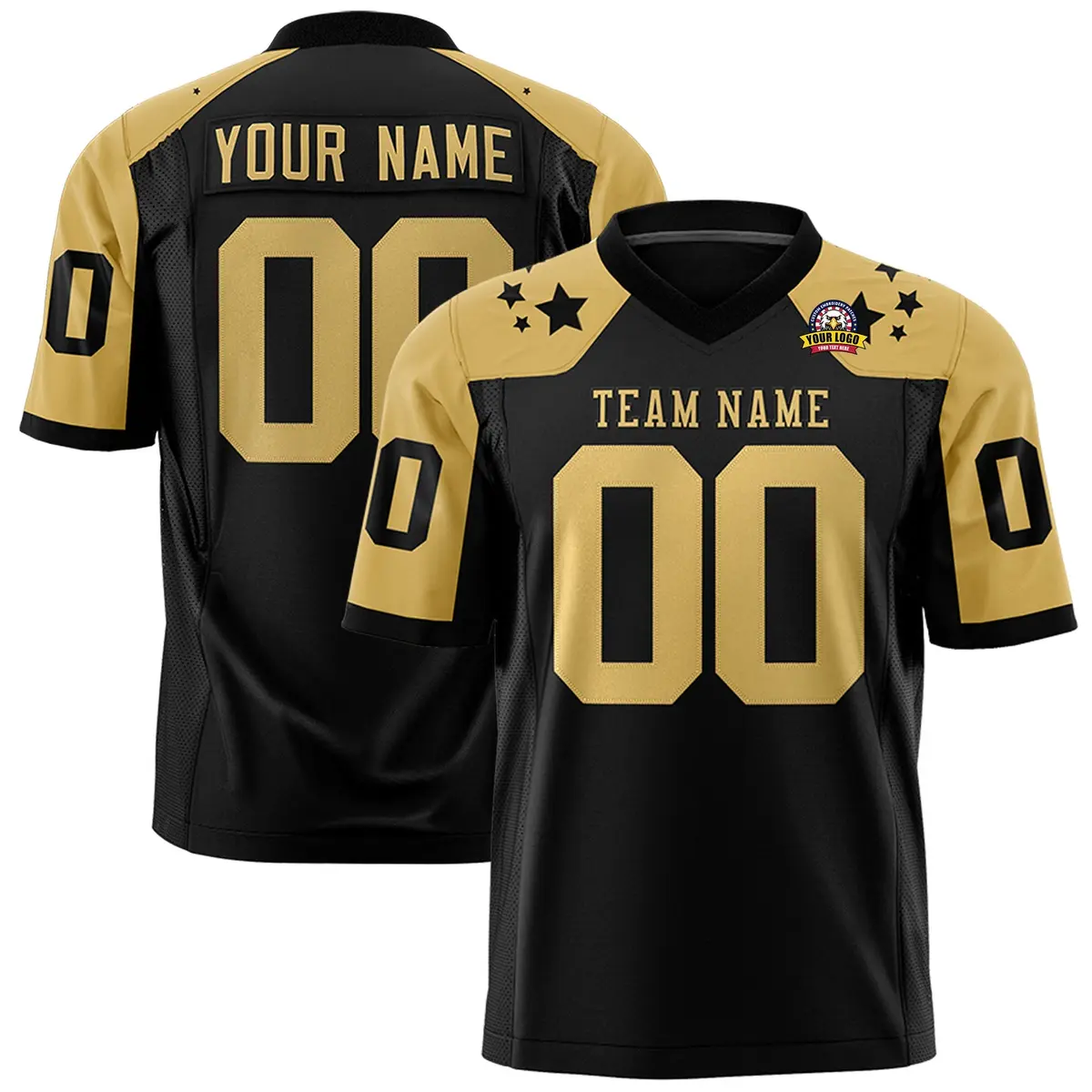 Black Old Gold Shoulder Star Pattern Flag Football Jersey
