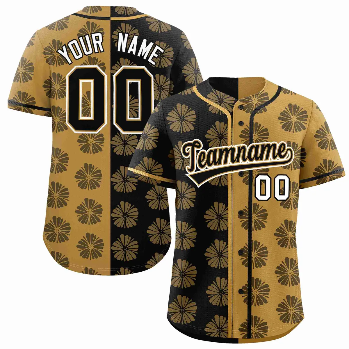 Black Old Gold Split Flower Graffiti Baseball Jersey