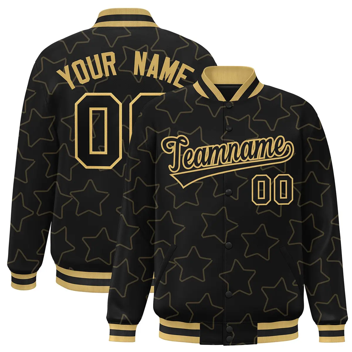 Black Old Gold Star Pattern Varsity Letterman Baseball Jacket